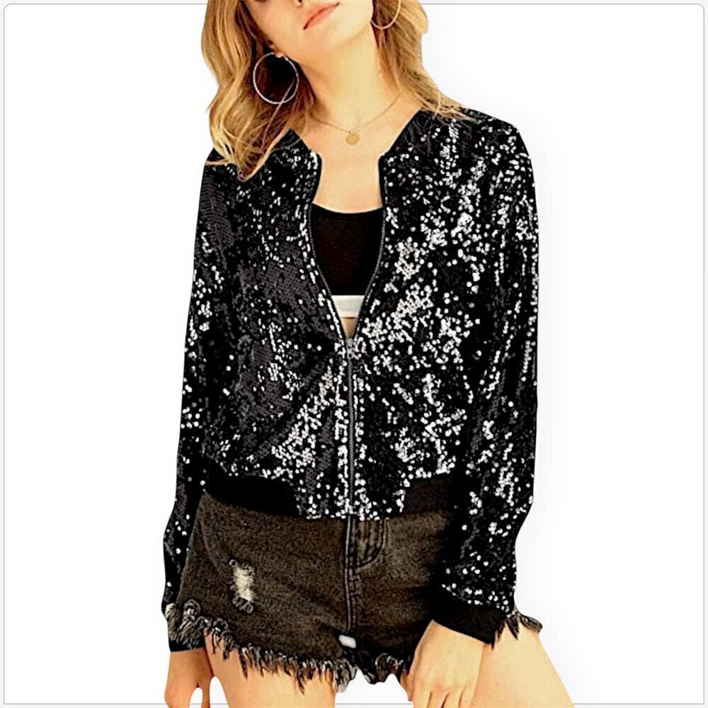Allegra K Black Silver Sequin Sparkle Zip Front Bomber Evening Jacket NWT New L
